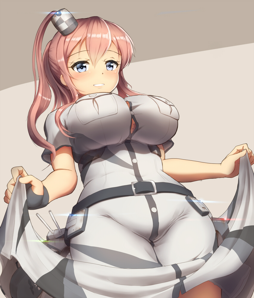 1girl belt blue_eyes breast_pocket breasts brown_hair cannon cowboy_shot dress dress_lift from_below groin impossible_clothes kantai_collection large_breasts long_hair machinery magazine_(weapon) maku_ro parted_lips pocket ponytail saratoga_(kantai_collection) side_ponytail solo standing white_dress
