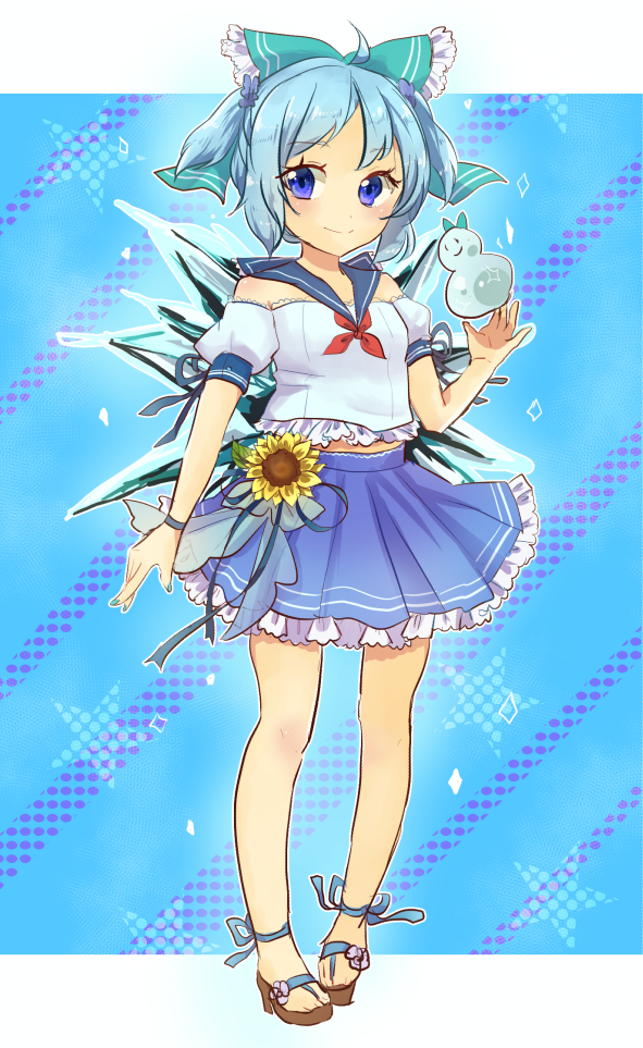 1girl adapted_costume ahoge blue_bow blue_eyes blue_hair blue_skirt blush bow cirno closed_mouth commentary_request flower full_body hair_bow ice ice_wings konnyaku_(yuukachan_51) looking_at_viewer off-shoulder_shirt puffy_short_sleeves puffy_sleeves sailor_collar shirt short_hair short_sleeves skirt smile snowman solo standing sunflower touhou wings