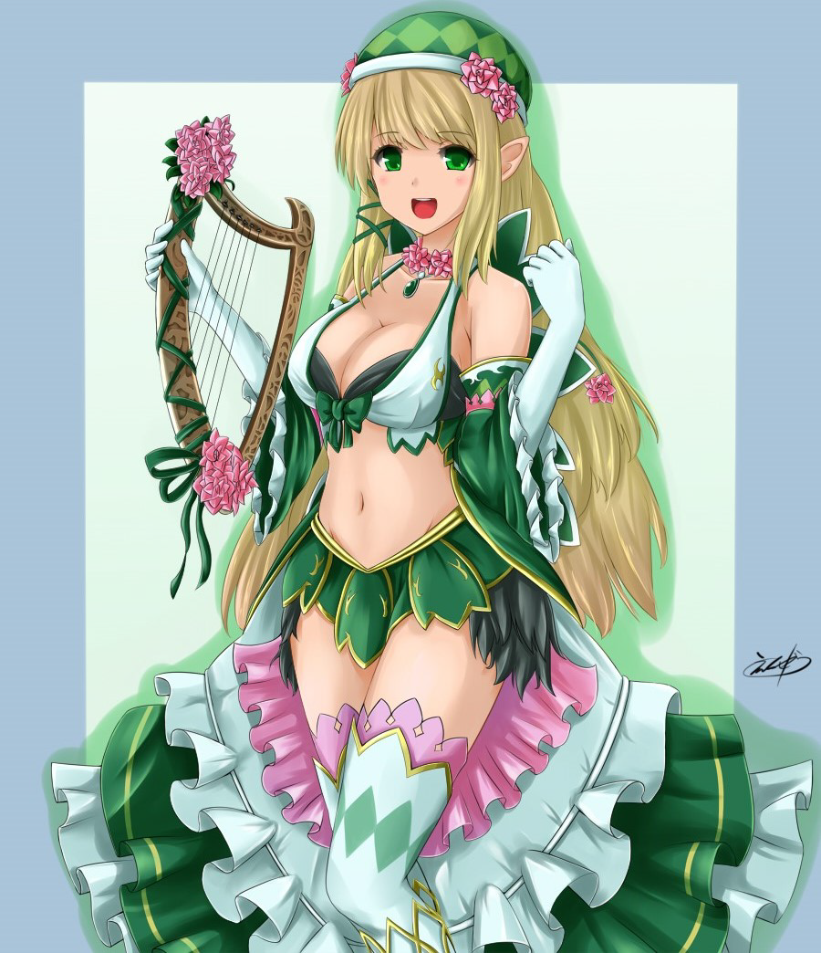 1girl bangs bare_shoulders blonde_hair blush breasts character_request cleavage cowboy_shot detached_sleeves ekusera elbow_gloves elf gloves green_eyes hair_ribbon harp hat instrument large_breasts long_hair looking_at_viewer navel pointy_ears ribbon shironeko_project smile solo stomach swept_bangs thigh-highs tress_ribbon very_long_hair white_gloves white_legwear wide_sleeves
