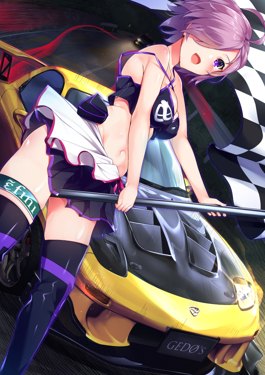 1girl bangs boots breasts car checkered checkered_flag fate/grand_order fate_(series) gedou_(shigure_seishin) ground_vehicle hair_over_one_eye highres looking_at_viewer mazda_rx-7 medium_breasts midriff motor_vehicle navel open_mouth purple_hair racequeen shielder_(fate/grand_order) short_hair skirt solo thigh-highs thigh_boots violet_eyes