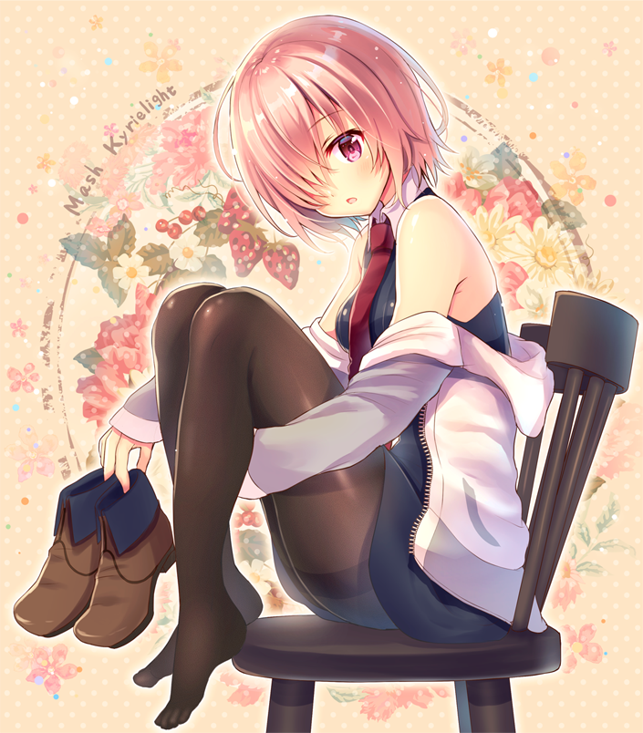 1girl :o ankle_boots black_dress boots boots_removed brown_footwear dress fate/grand_order fate_(series) feet floral_background full_body hair_over_one_eye jacket knees_on_chest knees_up long_sleeves looking_at_viewer necktie off_shoulder open_clothes open_jacket open_mouth pantyhose pink_eyes pink_hair polka_dot polka_dot_background red_necktie serino_itsuki shielder_(fate/grand_order) shiny shiny_skin shoes_removed short_dress short_hair sitting sleeveless sleeveless_dress sleeves_past_wrists solo thighband_pantyhose track_jacket unzipped violet_eyes white_jacket