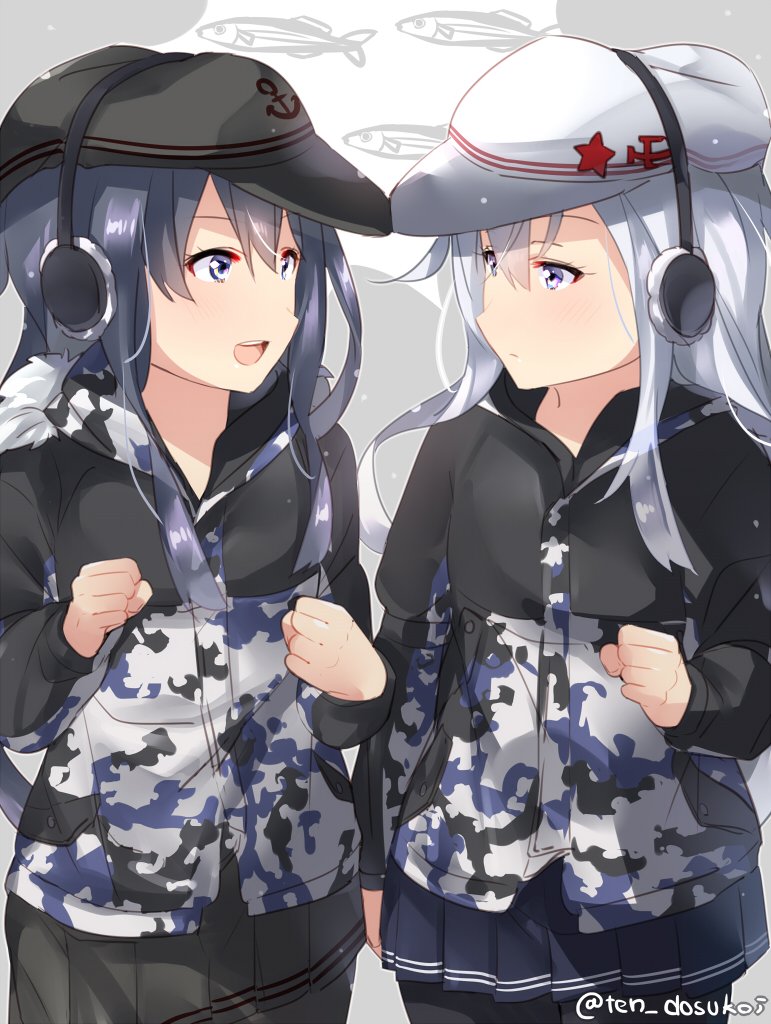 2girls :d akatsuki_(kantai_collection) black_hat black_skirt blue_skirt blush camouflage camouflage_jacket clenched_hand clenched_hands closed_mouth commentary_request cowboy_shot earmuffs eye_contact eyebrows_visible_through_hair fish flat_cap fur_trim hair_between_eyes hammer_and_sickle hat hibiki_(kantai_collection) jacket juurouta kantai_collection long_hair long_sleeves looking_at_another multiple_girls open_mouth pleated_skirt purple_hair remodel_(kantai_collection) silver_hair skirt smile star twitter_username verniy_(kantai_collection) violet_eyes white_hat