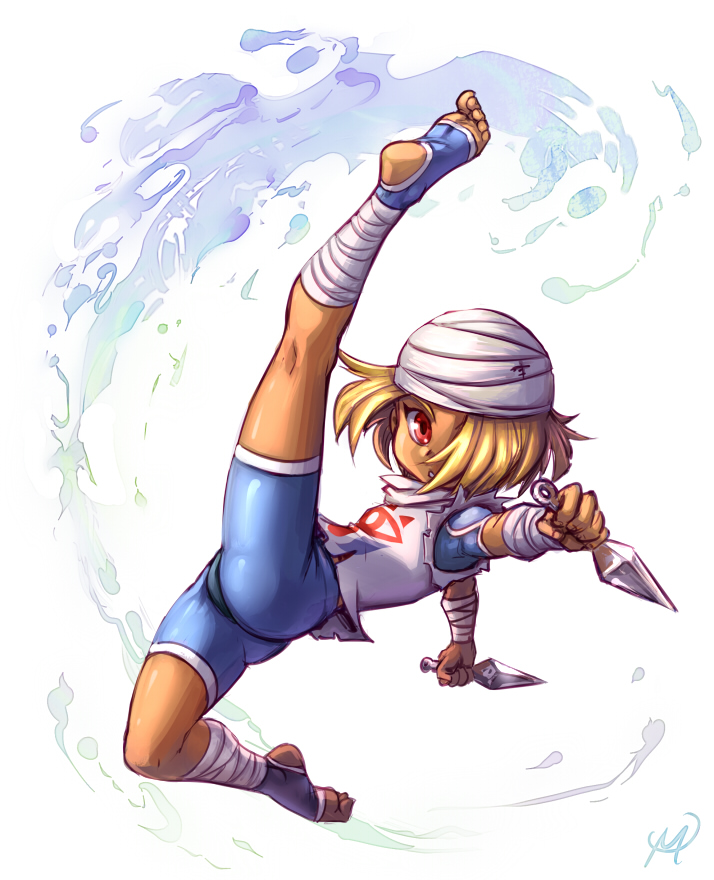 1girl androgynous ass bandage barefoot blonde_hair dark_skin feet hat knife looking_at_viewer maxa' no_shoes pointy_ears red_eyes reverse_trap sheik soles solo the_legend_of_zelda the_legend_of_zelda:_ocarina_of_time toeless_legwear toeless_socks toes white_background younger