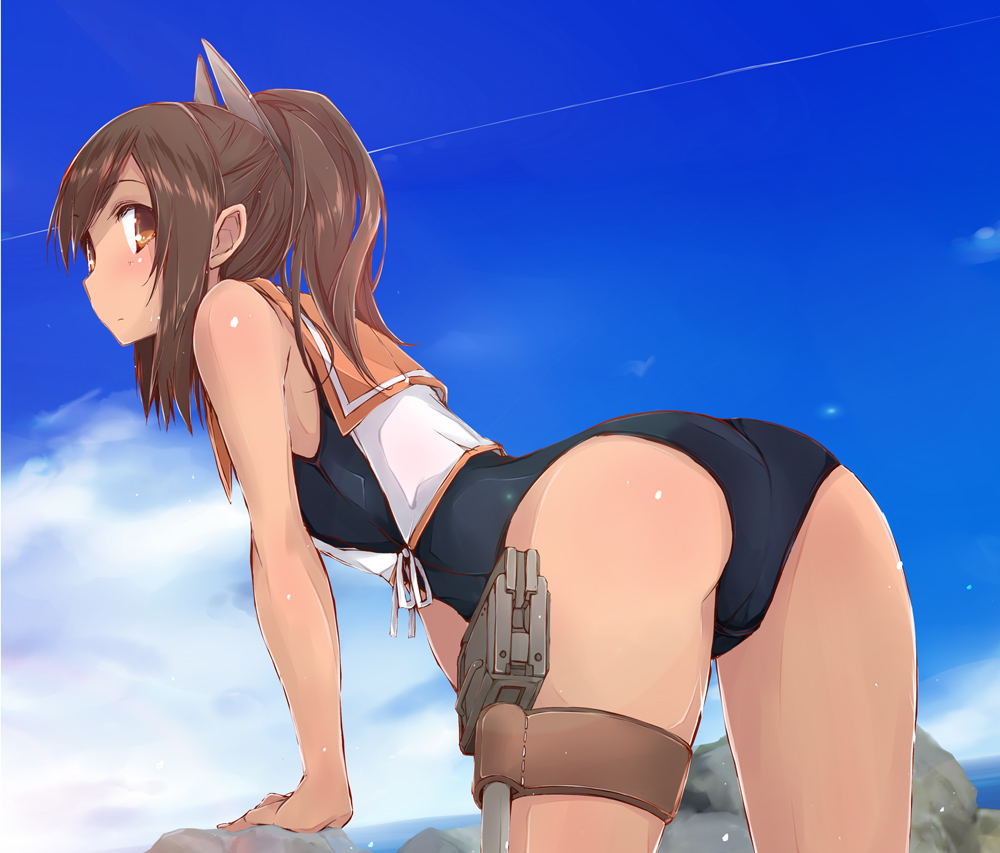 1girl arm_support ass beach blue_swimsuit blush brown_eyes brown_hair closed_mouth day gun hair_ornament hairclip i-401_(kantai_collection) kantai_collection leaning_forward long_hair looking_at_viewer ocean outdoors ponytail rock sky solo swimsuit tan thigh_strap weapon yumesato_makura