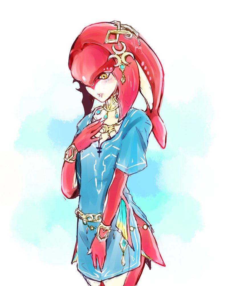 1girl blush fins fish_girl hair_ornament jewelry link long_hair mipha monster_girl multicolored multicolored_skin no_eyebrows red_skin redhead shirt solo the_legend_of_zelda the_legend_of_zelda:_breath_of_the_wild yellow_eyes zora