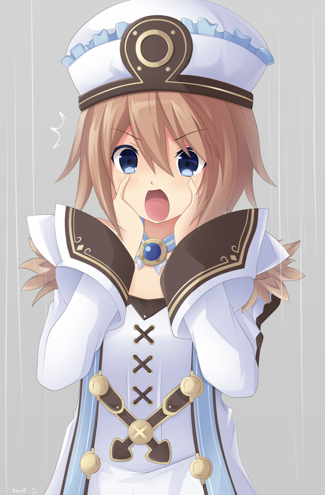 1girl bare_shoulders blanc blue_eyes blush brown_hair choujigen_game_neptune coat d: eyebrows_visible_through_hair fur_trim hands_on_own_face hat keenh looking_at_viewer neptune_(series) open_mouth short_hair simple_background solo surprised white_coat