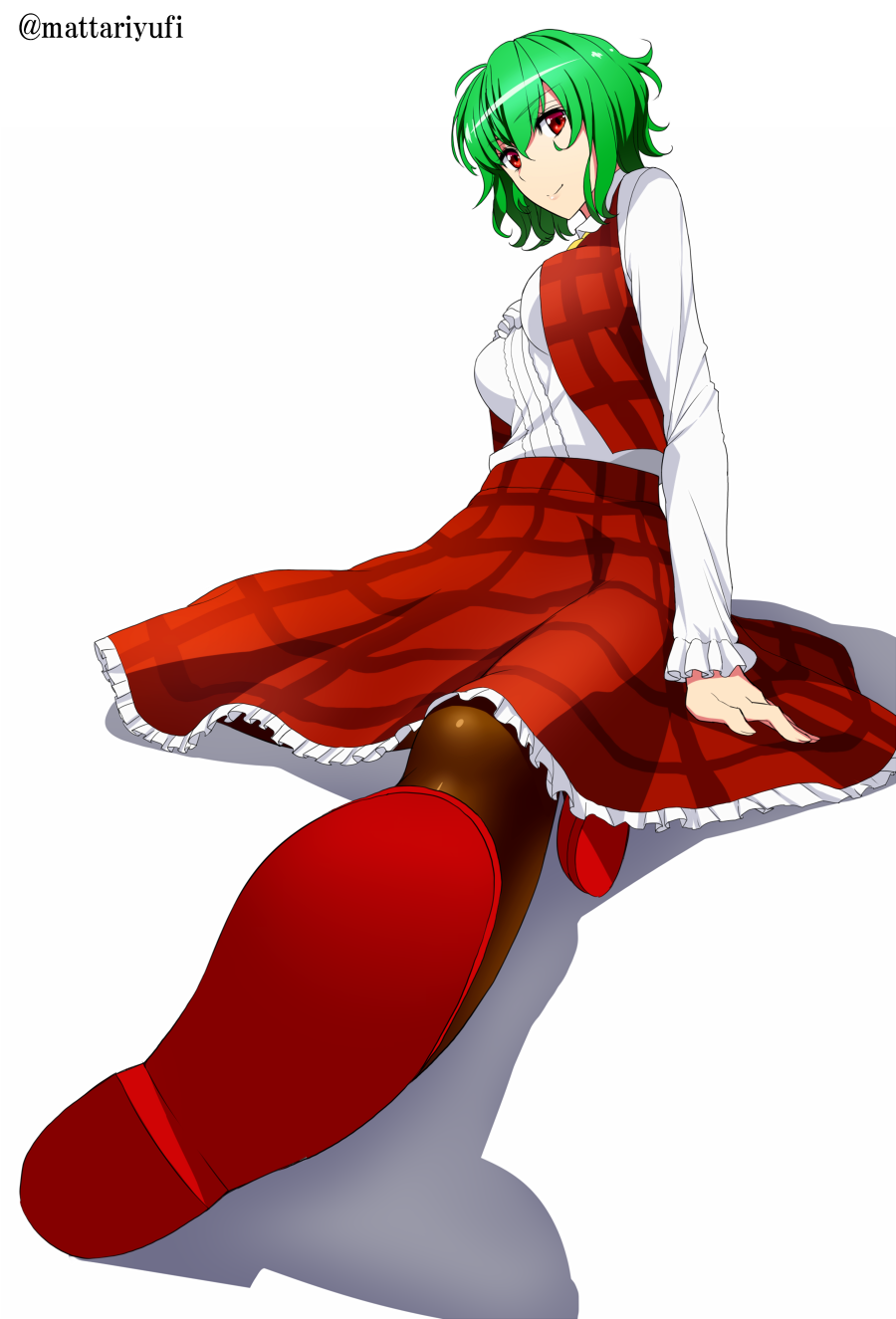 1girl breasts commentary_request foreshortening frilled_sleeves frills green_hair highres kazami_yuuka long_sleeves looking_at_viewer mattari_yufi pantyhose plaid plaid_skirt plaid_vest red_eyes red_shoes red_skirt shadow shirt shoes sidelocks sitting skirt smile solo touhou twitter_username vest white_background white_shirt