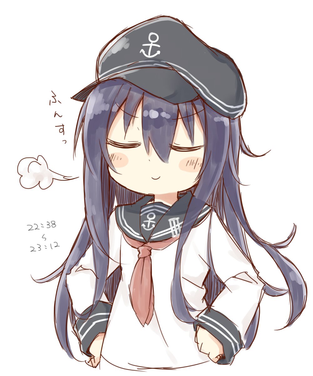 1girl akatsuki_(kantai_collection) anchor_symbol ayanepuna black_hair black_hat black_sailor_collar closed_eyes commentary_request flat_cap hands_on_hips hat highres kantai_collection long_hair neckerchief red_neckerchief school_uniform serafuku simple_background smug solo white_background