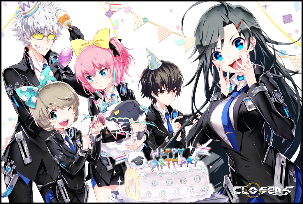 &gt;:d 2girls 3boys :d ;d ahoge bangs birthday_cake birthday_party black_hair blonde_hair blue_eyes blue_neckwear bow breasts cake closers copyright_name food hair_bow hair_ribbon hat instrument j_(closers) large_breasts long_hair looking_at_viewer maracas mistilteinn_(closers) multiple_boys multiple_girls necktie one_eye_closed open_mouth party_hat party_popper pink_hair playback ribbon seha_lee seulbi_lee smile stuffed_animal stuffed_sheep stuffed_toy sunglasses swept_bangs uniform white_hair yellow_bow yuri_seo