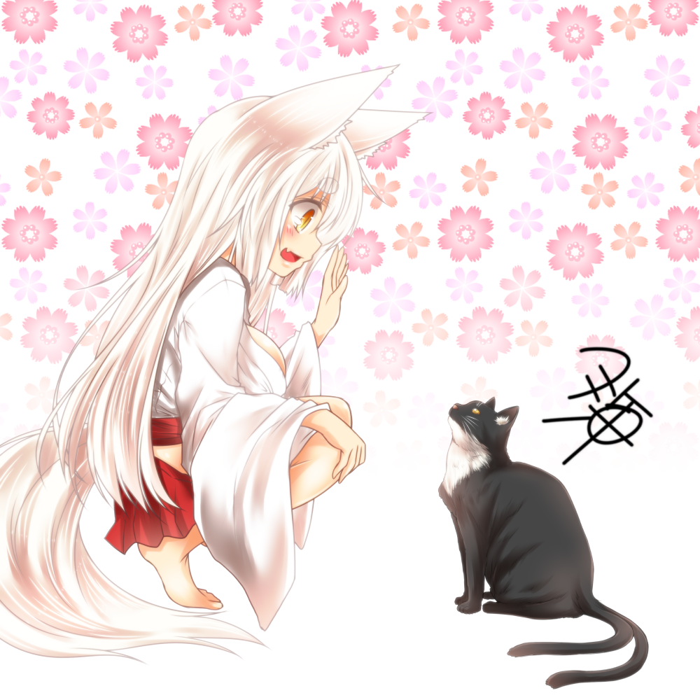1girl :d animal_ears black_cat blush breasts cat fang floral_background fox_ears fox_tail from_side hakama_skirt hip_vent kohaku_(yua) large_breasts long_hair long_sleeves looking_at_another multiple_tails nekomata open_mouth original profile red_skirt skirt slit_pupils smile squatting tail two_tails very_long_hair white_hair wide_sleeves yellow_eyes yua_(checkmate)