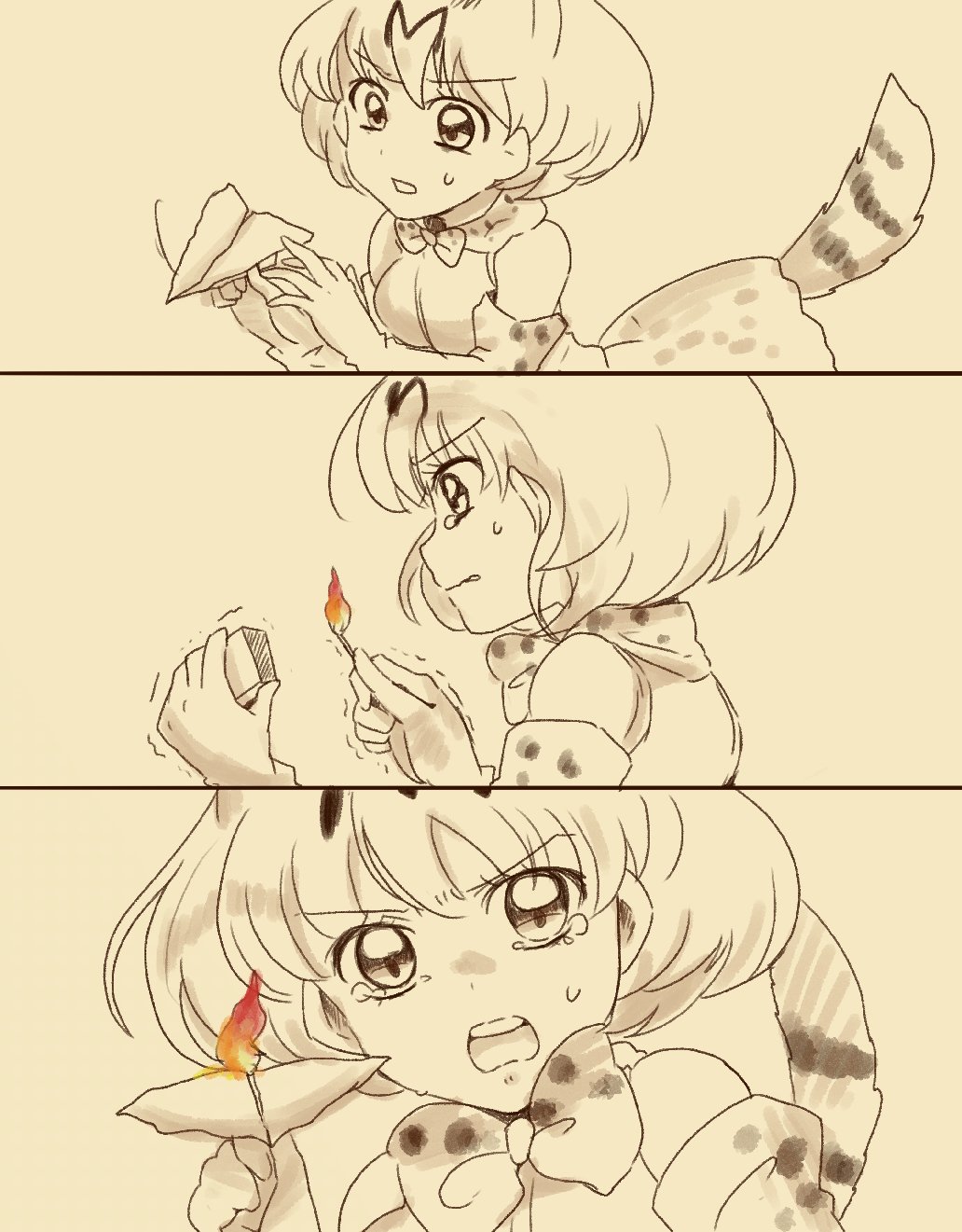 &gt;:o 1girl 3koma :o angry attacking_viewer bangs bare_shoulders bow bowtie comic commentary_request crying d:&lt; elbow_gloves eyebrows_visible_through_hair fire gloves highres kemono_friends looking_at_viewer matches monochrome open_mouth paper_airplane parted_lips serval_(kemono_friends) serval_print shirt short_hair simple_background spot_color striped_tail sweat tears trembling yui_tmnimni