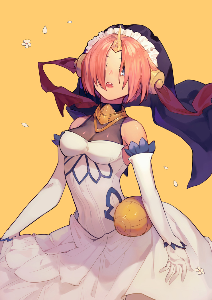 1girl air_(air_end) bare_shoulders berserker_of_black blue_eyes breasts cleavage dress elbow_gloves fate/apocrypha fate_(series) flower gloves hair_over_eyes headgear horn looking_at_viewer maid_headdress medium_breasts open_mouth petals pink_hair see-through short_hair simple_background solo veil white_dress white_gloves yellow_background