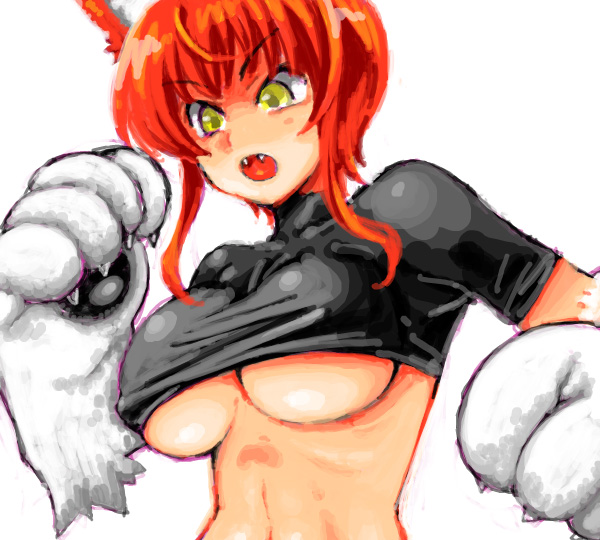babydoll_t-shirt breasts cat_ears crop_top fang fangs fuyube_rion kaibutsu_oujo large_breasts midriff monster_girl paws red_hair redhead riza_wildman shirt_lift under_boob underboob wolf_ears yellow_eyes