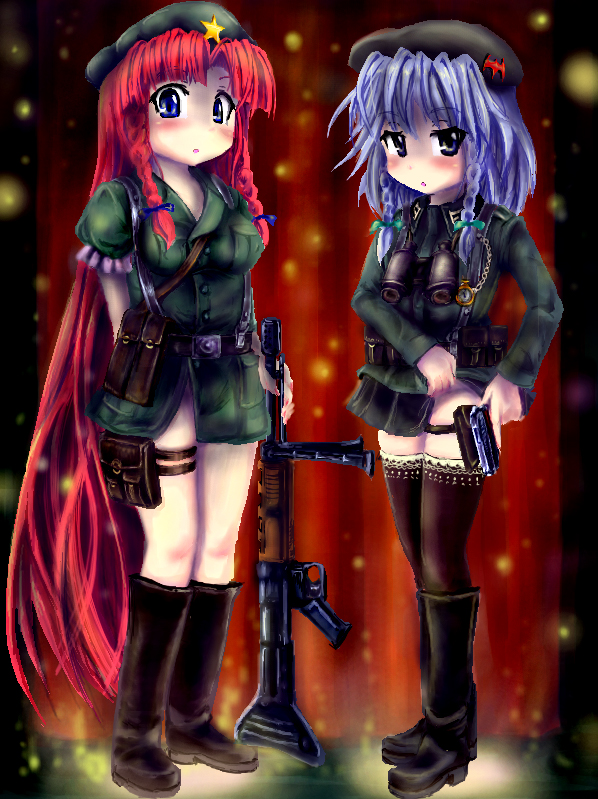 blue_eyes blue_hair boots braid fg42 gun handgun hong_meiling izayoi_sakuya long_hair military okirakunikku pistol red_hair redhead rifle short_hair soldier thigh-highs thighhighs touhou twin_braids very_long_hair walther_ppk weapon