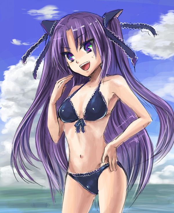 beach bikini frills front-tie_top little_busters! little_busters!! long_hair purple_eyes purple_hair sasasegawa_sasami shimaji smile swimsuit twintails violet_eyes