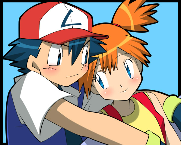 1boy 1girl amada blue_eyes couple gloves hat hetero hug hug_from_behind kasumi_(pokemon) orange_hair pokemon pokemon_(anime) satoshi_(pokemon) satoshi_(pokemon)_(classic) side_ponytail