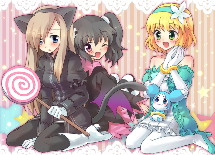 animal_ears anise_tatlin bare_shoulders bat_wings black_hair blonde_hair blue_eyes blush boots brown_hair candy gloves green_eyes hair_ornament hairband headband high_heels lollipop mieu multiple_girls natalia_luzu_kimlasca_lanvaldear oimo open_mouth pantyhose shoes socks striped striped_socks swirl_lollipop tail tales_of_(series) tales_of_the_abyss tear_grants twintails white_legwear white_pantyhose wings wink