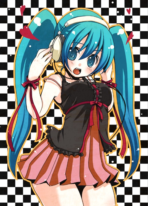 aqua_hair bad_id blush dress fang hatsune_miku headphones long_hair open_mouth ribbon ribbons twintails vocaloid yukiu_kon