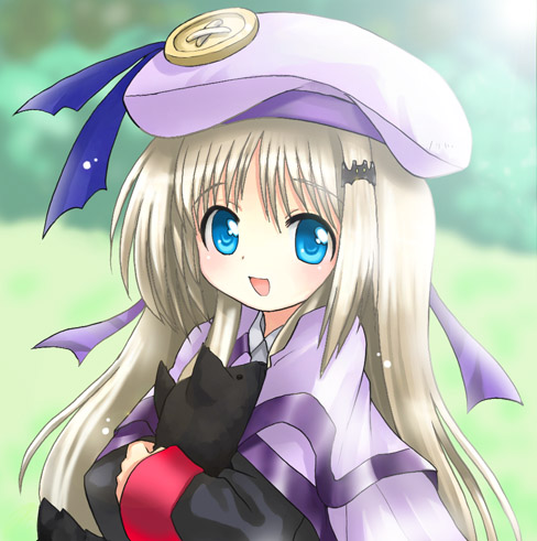 beret blush buttons cape dog hair_ornament hairclip happy hat hug large_buttons little_busters! little_busters!! lowres noumi_kudryavka silver_hair smile