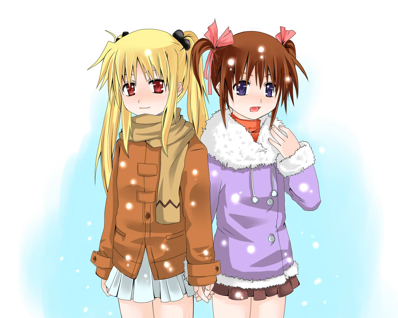 blonde_hair blue_eyes brown_hair coat fate_testarossa hair_ribbon hair_ribbons hand_holding holding_hands iceky mahou_shoujo_lyrical_nanoha purple_eyes red_eyes ribbon ribbons scarf skirt snow takamachi_nanoha twintails winter_clothes