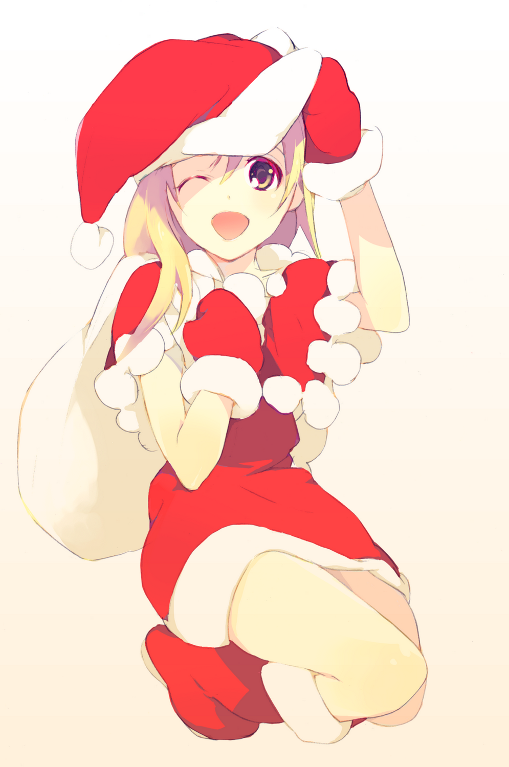 bag blonde_hair christmas gloves happy hat highres honjyamaka sack santa santa_costume santa_hat yellow_eyes