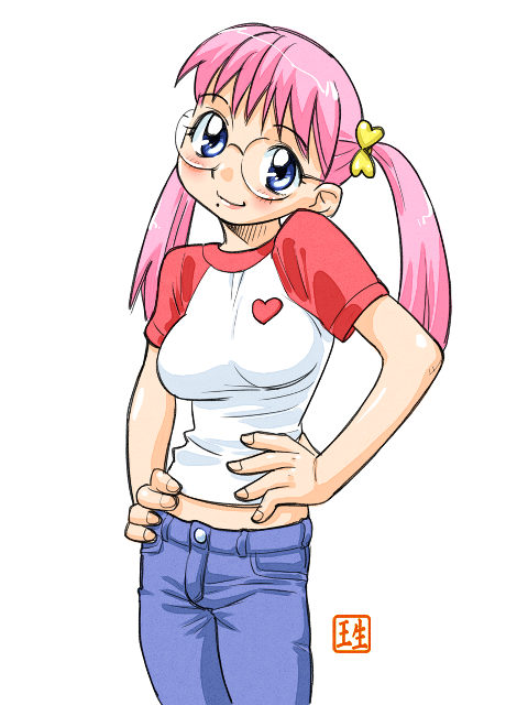 breasts glasses hands_on_hips heart ikurumi_kaoru mole original pink_hair raglan_sleeves twintails