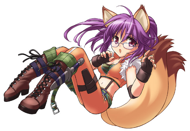 boots fingerless_gloves fox_(trickster) fox_ears fox_tail glasses gloves knife midriff nobody_knows purple_hair red_eyes tail tight_pants trickster