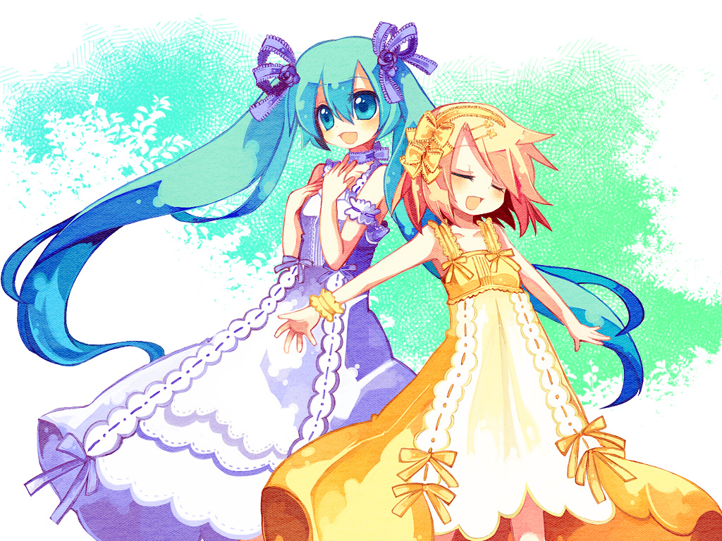 aqua_eyes aqua_hair armband armpits aruya_(flosrota) bad_id bare_shoulders bow bracelet choker closed_eyes dress hair_bow hair_ribbon hairband hatsune_miku headband jewelry kagamine_rin long_hair multiple_girls outstretched_arms ribbon ribbons singing spread_arms twintails very_long_hair vocaloid white_dress yellow_dress