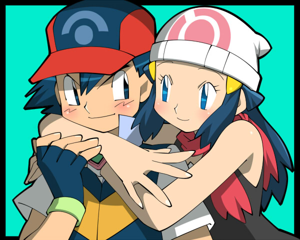 1boy 1girl amada beanie couple fingerless_gloves gloves hat hetero hikari_(pokemon) hug hug_from_behind pokemon pokemon_(anime) poketch satoshi_(pokemon) scarf watch wristwatch