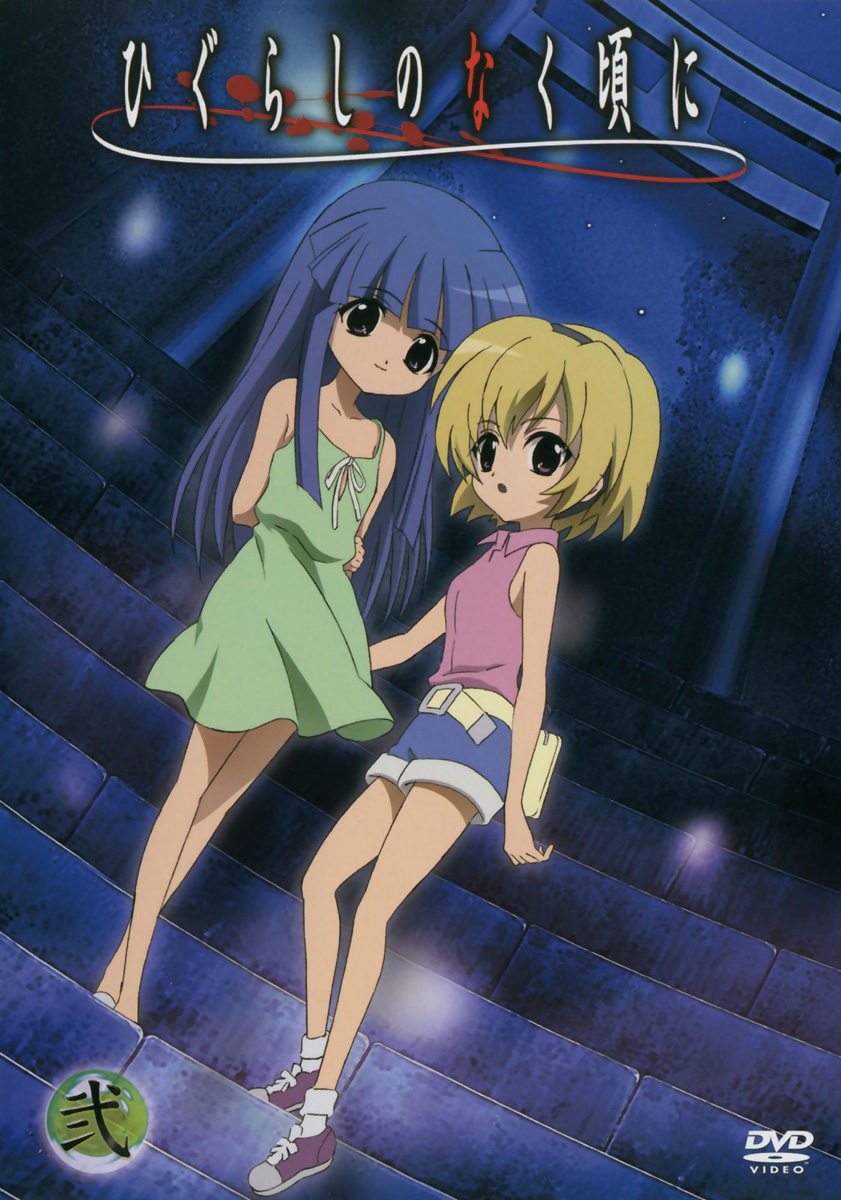 blue_hair brown_eyes denim denim_shorts dress furude_rika hairband highres higurashi_no_naku_koro_ni houjou_satoko long_hair purple_eyes short_hair shorts stairs violet_eyes