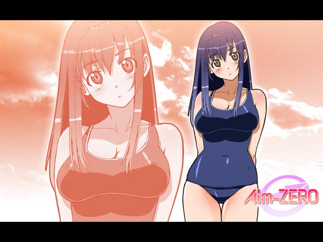 arms_behind blue_hair long_hair one-piece_swimsuit school_swimsuit sky swimsuit taka_(aim-zero) yellow_eyes zoom_layer