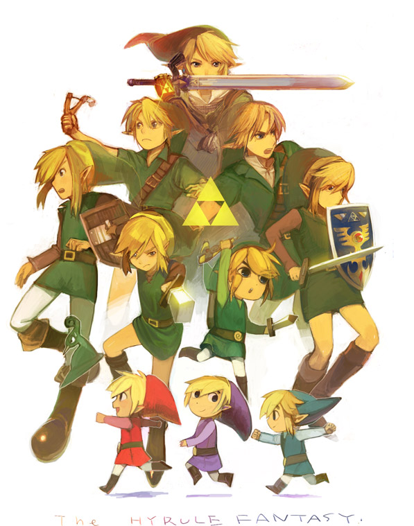 adult bad_id blonde_hair blue_eyes boomerang child everyone ezlo four_swords four_swords_adventures link male master_sword minish_cap multiple_persona ocarina_of_time oracle_of_ages oracle_of_seasons pointy_ears slingshot sword the_legend_of_zelda time_paradox toon_link triforce twilight_princess uichi weapon wind_waker young_link