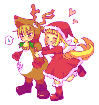 1girl :d ^_^ angel_wings animal_costume annoyed antlers arm_hug bangs bell blonde_hair blue_eyes blush boots cello_(marl_kingdom) christmas clenched_hands closed_eyes couple dress embarrassed flat_chest flipped_hair frown full_body fur_trim gloves hair_between_eyes happy hat heart kururu_(marl_kingdom) leg_lift long_hair looking_away lowres marl_kingdom nippon_ichi open_mouth payot profile reindeer_costume santa_hat shoes smile speech_bubble spoken_sweatdrop standing standing_on_one_leg star sunny_spot sweatdrop tears tsuyuka_(sunny_spot) very_long_hair wings