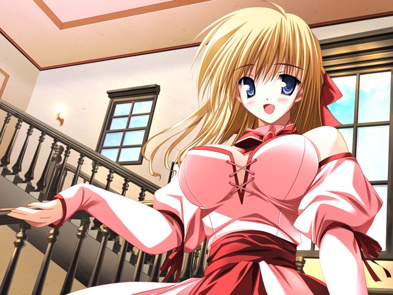 bare_shoulders blonde_hair blue_eyes breasts cleavage dress fang game_cg long_hair sera_kasumi stairs