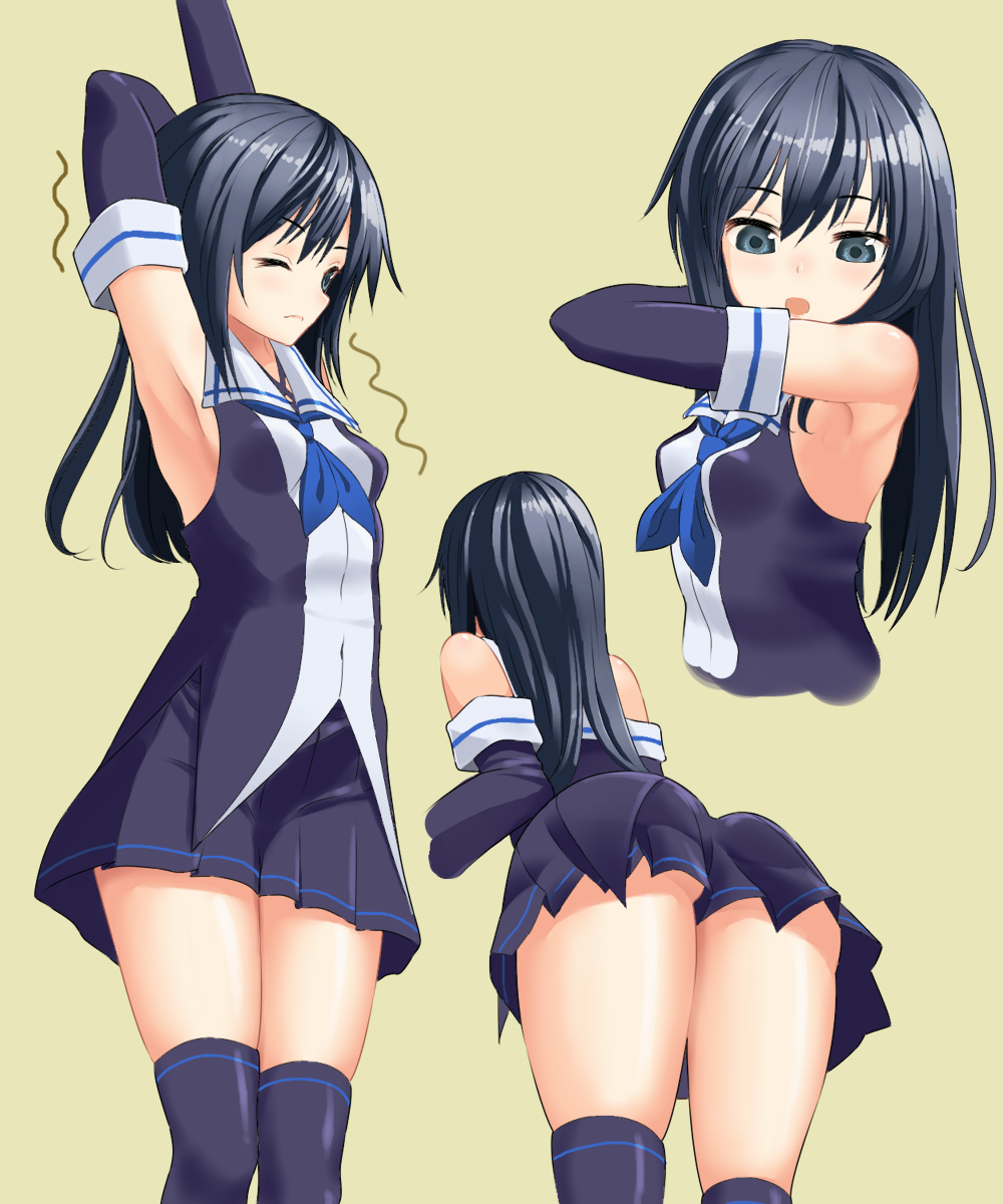 :o alternate_costume arm_up arm_warmers armpits asashio_(kantai_collection) ass black_hair black_legwear breasts highres kantai_collection kuronaga leaning_forward multiple_views one_eye_closed sleeveless small_breasts thigh-highs thighs