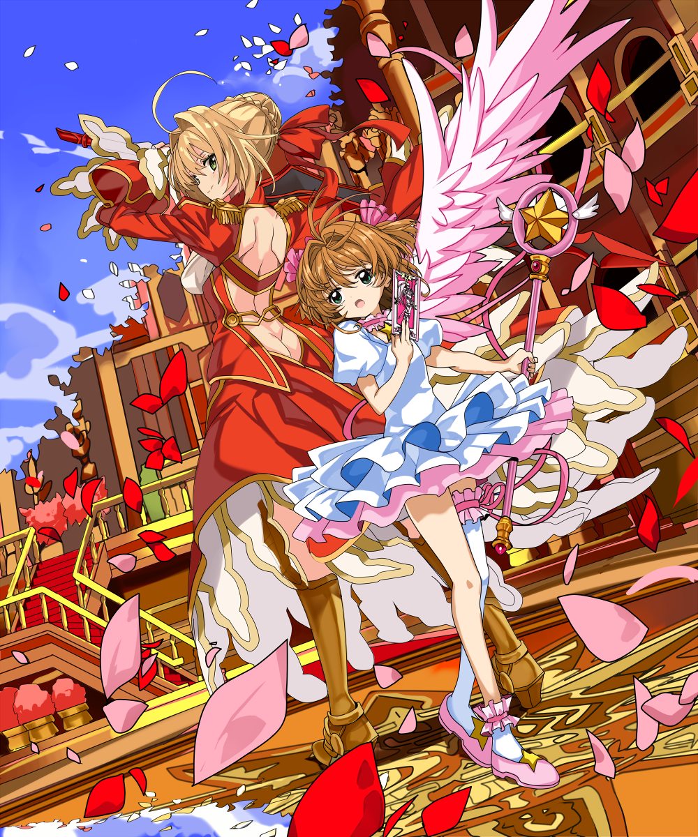 2girls aestus_domus_aurea aestus_estus armor armored_boots back-to-back bangs blonde_hair blue_eyes blue_sky boots braid brown_hair card_captor_sakura closed_mouth clow_card crossover day dress dutch_angle epaulettes fate/extra fate_(series) french_braid frills green_eyes hair_bun hair_intakes hand_up highres holding holding_staff holding_sword holding_weapon hoshi_no_tsue kinomoto_sakura mismatched_legwear multiple_girls open-back_dress outdoors parted_lips petals red_dress rose_petals saber_extra seiyuu_connection shino_(eefy) sidelocks single_sock single_thighhigh sky smile socks staff stairs standing sword tange_sakura thigh-highs weapon white_dress white_legwear wind