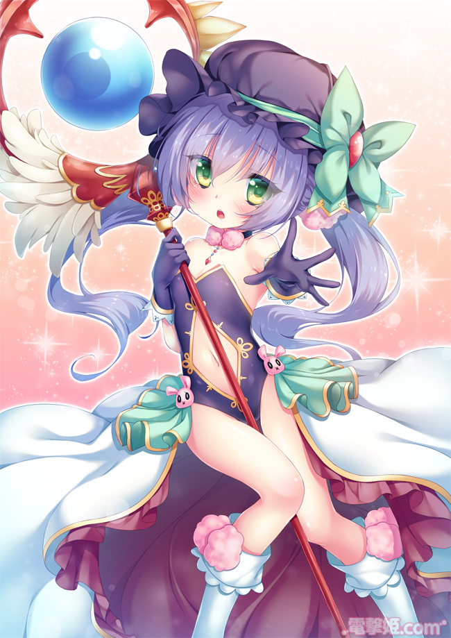 1girl artist_request bare_shoulders between_legs blue_gloves blue_hair blue_leotard center_opening choker dengeki_hime flat_chest gloves green_eyes hat houtou kneehighs knees_together_feet_apart koihime_musou leotard long_hair magical_girl navel open_mouth outstretched_hand showgirl_skirt solo staff strapless strapless_leotard thigh_gap twintails watermark weapon white_legwear