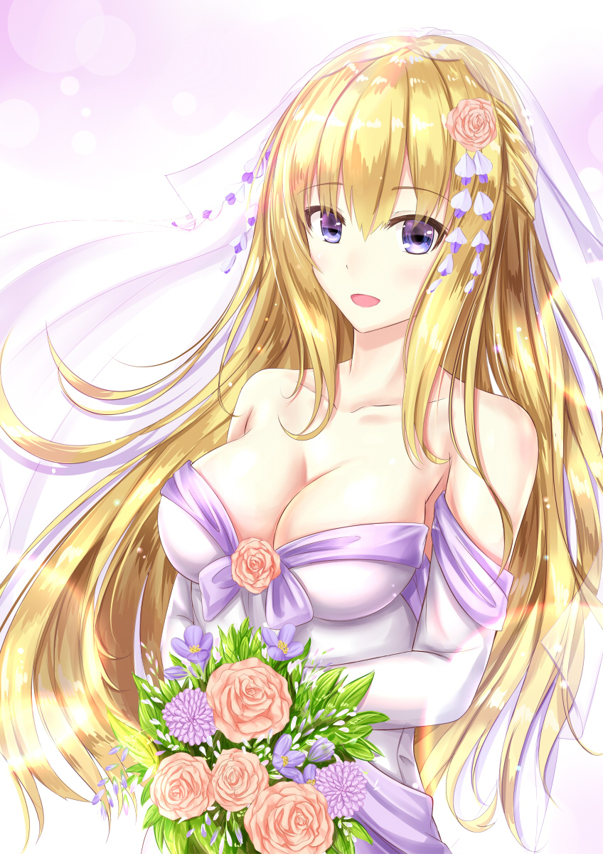 1girl bare_shoulders blonde_hair blue_eyes bouquet breasts bridal_veil bride dress elbow_gloves flower formal gloves highres large_breasts long_hair looking_at_viewer muwa12 neptune_(series) smile solo strapless strapless_dress veil vert wedding wedding_dress white_dress white_gloves