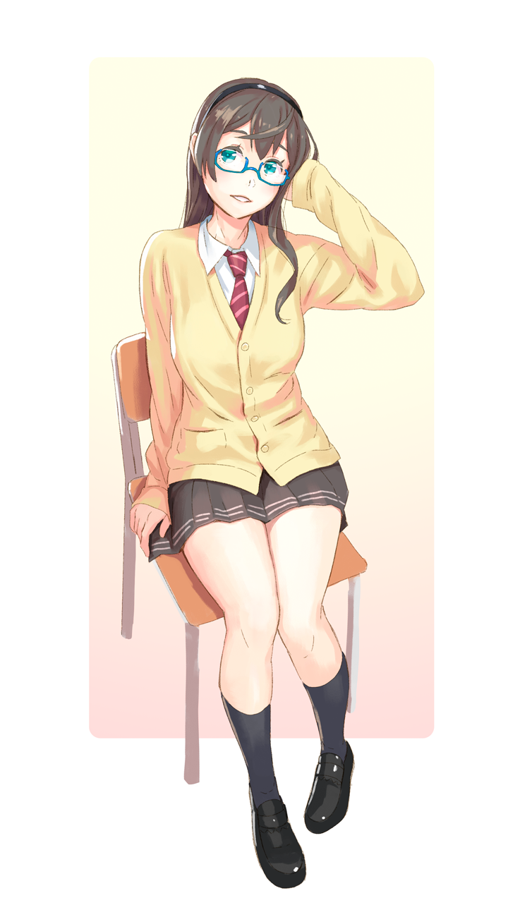 1girl alternate_costume black_hair black_legwear black_skirt blue-framed_eyewear blush cardigan full_body glasses green_eyes highres kantai_collection long_hair long_sleeves looking_at_viewer necktie ooyodo_(kantai_collection) parted_lips school_uniform simple_background sitting skirt smile socks solo striped striped_necktie yuuji_(and)