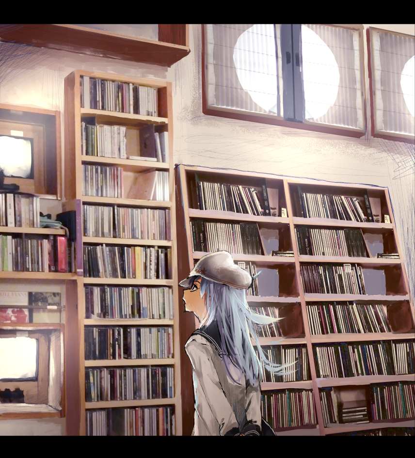 1girl arms_behind_back blue_skirt book book_stack commentary hammer_and_sickle hat hibiki_(kantai_collection) kantai_collection ken_sogen letterboxed long_sleeves looking_away messy_hair school_uniform scribble serafuku shelf silver_hair skirt verniy_(kantai_collection) window window_shade
