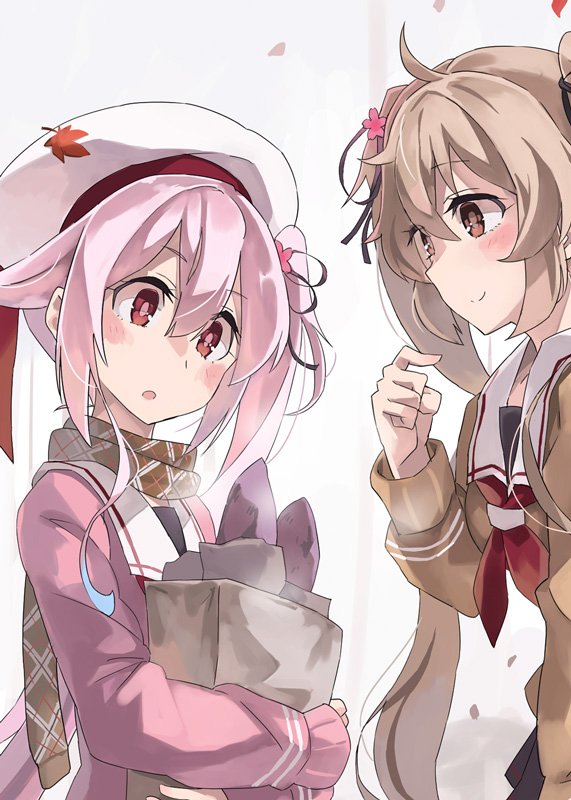 2girls autumn bag beret black_serafuku black_skirt blue_hair blush brown_cardigan brown_eyes flower food gradient_hair hair_flower hair_ornament hair_ribbon harusame_(kantai_collection) hat kantai_collection leaf light_brown_hair long_hair maple_leaf multicolored_hair multiple_girls murasame_(kantai_collection) pantyhose pink_cardigan pink_hair pleated_skirt red_eyes ribbon school_uniform serafuku shopping_bag side_ponytail simple_background skirt smile squirrel sugue_tettou sweet_potato thigh-highs twintails upper_body white_background white_beret