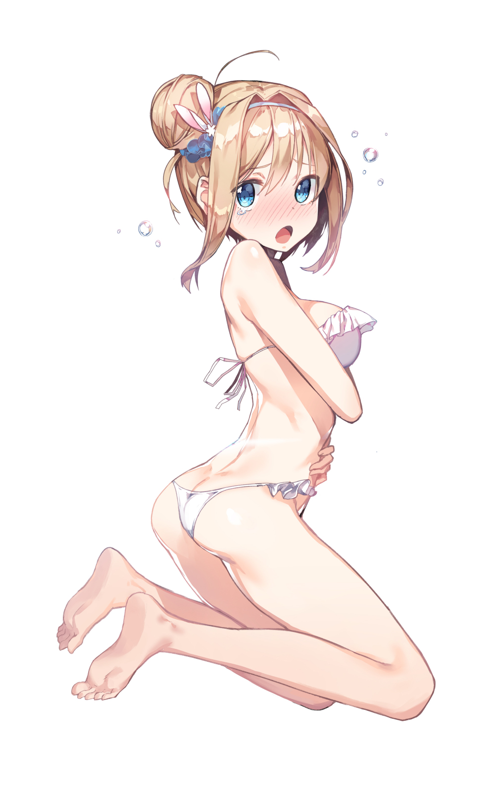 1girl :o animal_ears ass bangs bare_legs barefoot bikini blonde_hair blue_eyes blush breasts butt_crack eyebrows_visible_through_hair fake_animal_ears frilled_bikini frills from_side full_body girls_frontline hair_between_eyes hair_intakes hairband halter_top halterneck hand_on_own_stomach highres looking_at_viewer newey nose_blush open_mouth rabbit_ears side_bun sideboob sidelocks simple_background soles solo suomi_kp31_(girls_frontline) swimsuit tears water_drop white_background white_bikini