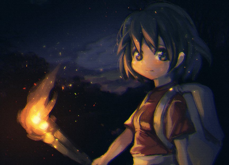 1girl backpack bag bangs black_eyes black_hair blush breasts chromatic_aberration closed_mouth clouds embers eyebrows facing_away fire hair_between_eyes holding kaban_(kemono_friends) kemono_friends light_smile looking_at_viewer narita_imomushi night night_sky no_hat no_headwear outdoors red_shirt shirt short_hair short_sleeves sky small_breasts smile solo standing t-shirt tareme torch upper_body