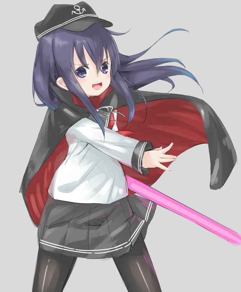 &gt;:d 10s 1girl :d akatsuki_(kantai_collection) anchor_symbol aruma_(sawayaka_tokuko_miruku) black_cape black_hat black_legwear black_skirt blush cape commentary_request energy_sword eyebrows_visible_through_hair flat_cap grey_background hair_between_eyes hat holding holding_weapon kantai_collection lightsaber long_hair long_sleeves looking_at_viewer neckerchief open_mouth outstretched_arm pantyhose pleated_skirt purple_hair red_neckerchief school_uniform serafuku shirt simple_background skirt smile solo standing sword tareme violet_eyes weapon white_shirt