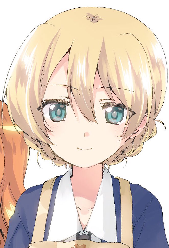 2girls apron bangs blonde_hair blue_eyes blue_sweater braid closed_mouth commentary_request darjeeling dress_shirt eyebrows_visible_through_hair girls_und_panzer kuroi_mimei light_smile long_hair looking_at_viewer multiple_girls orange_hair portrait school_uniform shirt short_hair simple_background solo_focus sweater tied_hair twin_braids v-neck white_background white_shirt