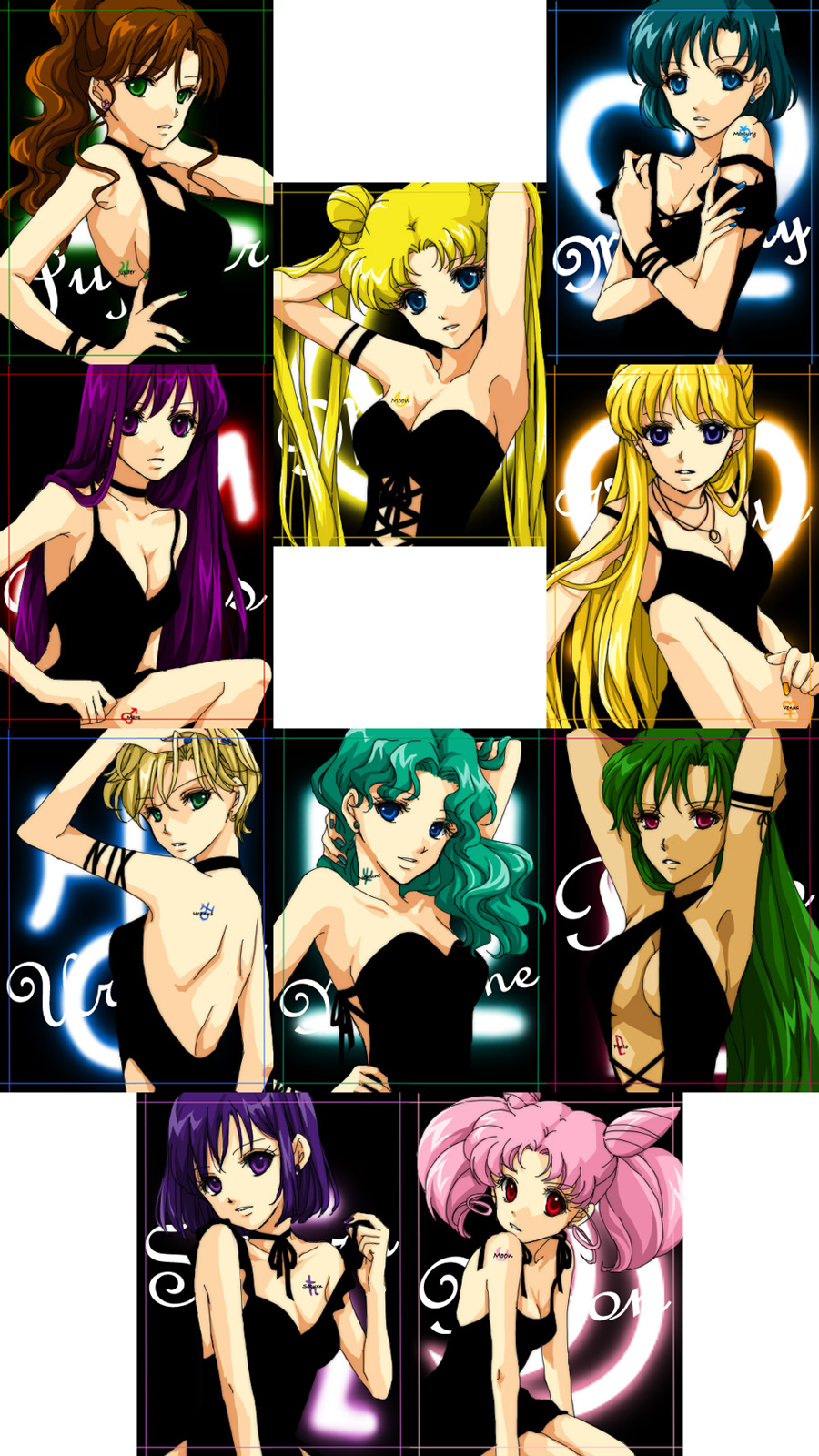 6+girls aino_minako aqua_hair armpits arms_behind_head arms_up bishoujo_senshi_sailor_moon black_dress black_ribbon blonde_hair blue_eyes blue_nails breasts brown_hair character_name chibi_usa cleavage cleavage_cutout crossed_arms dress earrings green_eyes green_hair green_nails halterneck head_tilt high_ponytail highres hino_rei jewelry kaiou_michiru kino_makoto long_hair looking_at_viewer medium_breasts meiou_setsuna mizuno_ami multiple_girls nail_polish open-back_dress parted_lips pink_hair purple_hair red_eyes ribbon sarashina_kau short_hair short_sleeves side_cutout sideboob sitting small_breasts strapless strapless_dress tattoo ten'ou_haruka tomoe_hotaru tsukino_usagi twintails very_long_hair violet_eyes