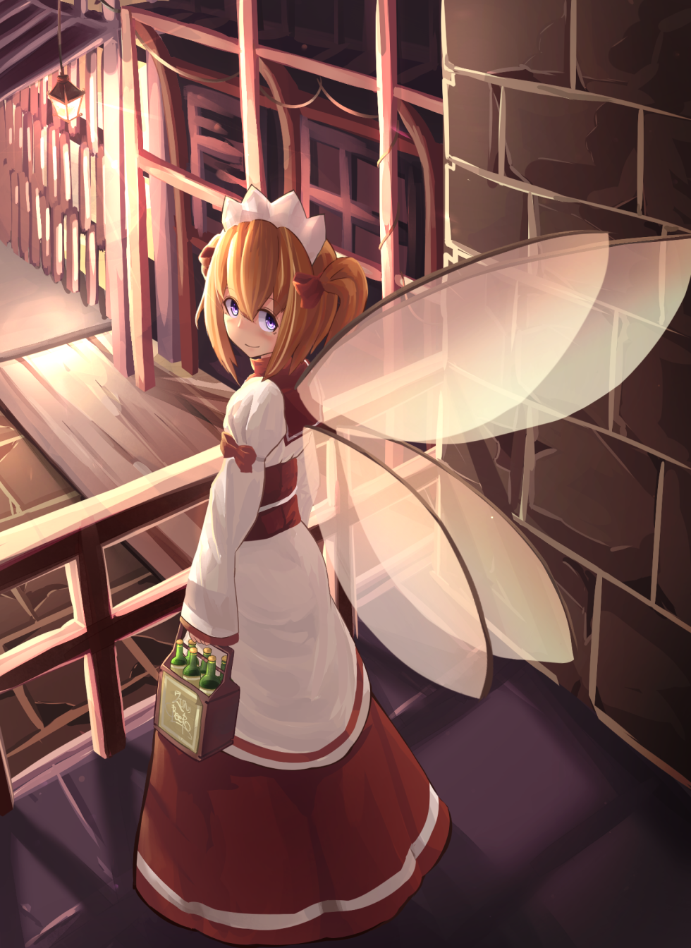 1girl bangs blush closed_mouth dress fairy_wings from_behind full_body highres juliet_sleeves long_sleeves looking_at_viewer looking_back natori_youkai orange_hair puffy_sleeves smile solo standing sunny_milk touhou two_side_up violet_eyes wings