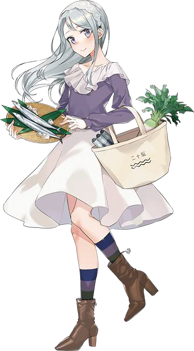 10s 1girl alternate_costume brown_footwear drew_(drew213g) fish kantai_collection long_hair long_sleeves official_art sagiri_(kantai_collection) shoes silver_hair simple_background skirt smile solo transparent_background violet_eyes white_background white_skirt