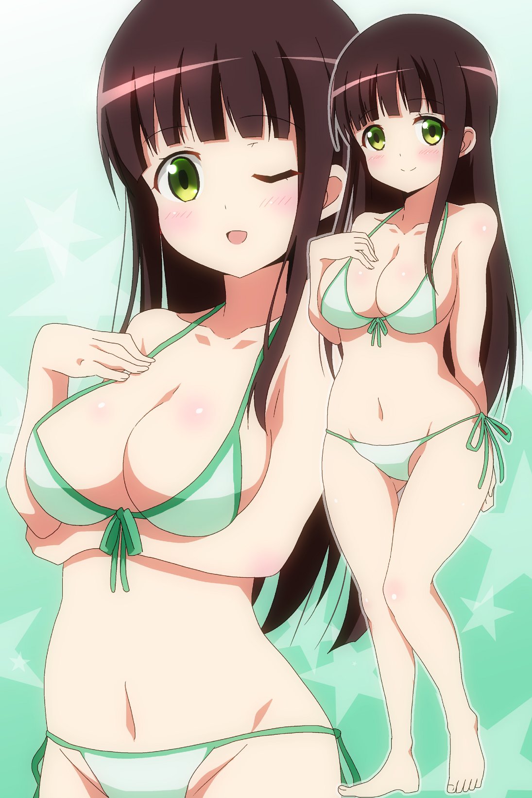 1girl ;d arm_behind_back bangs bikini blunt_bangs blush breasts brown_hair cleavage closed_mouth collarbone cowboy_shot eyebrows_visible_through_hair front-tie_bikini front-tie_top full_body gochuumon_wa_usagi_desu_ka? gradient gradient_background green_bikini green_eyes groin hand_on_own_chest hera_(hara0742) highres large_breasts long_hair looking_at_viewer navel one_eye_closed open_mouth outline shiny shiny_skin side-tie_bikini smile standing star starry_background stomach swimsuit two-tone_background ujimatsu_chiya white_outline zoom_layer