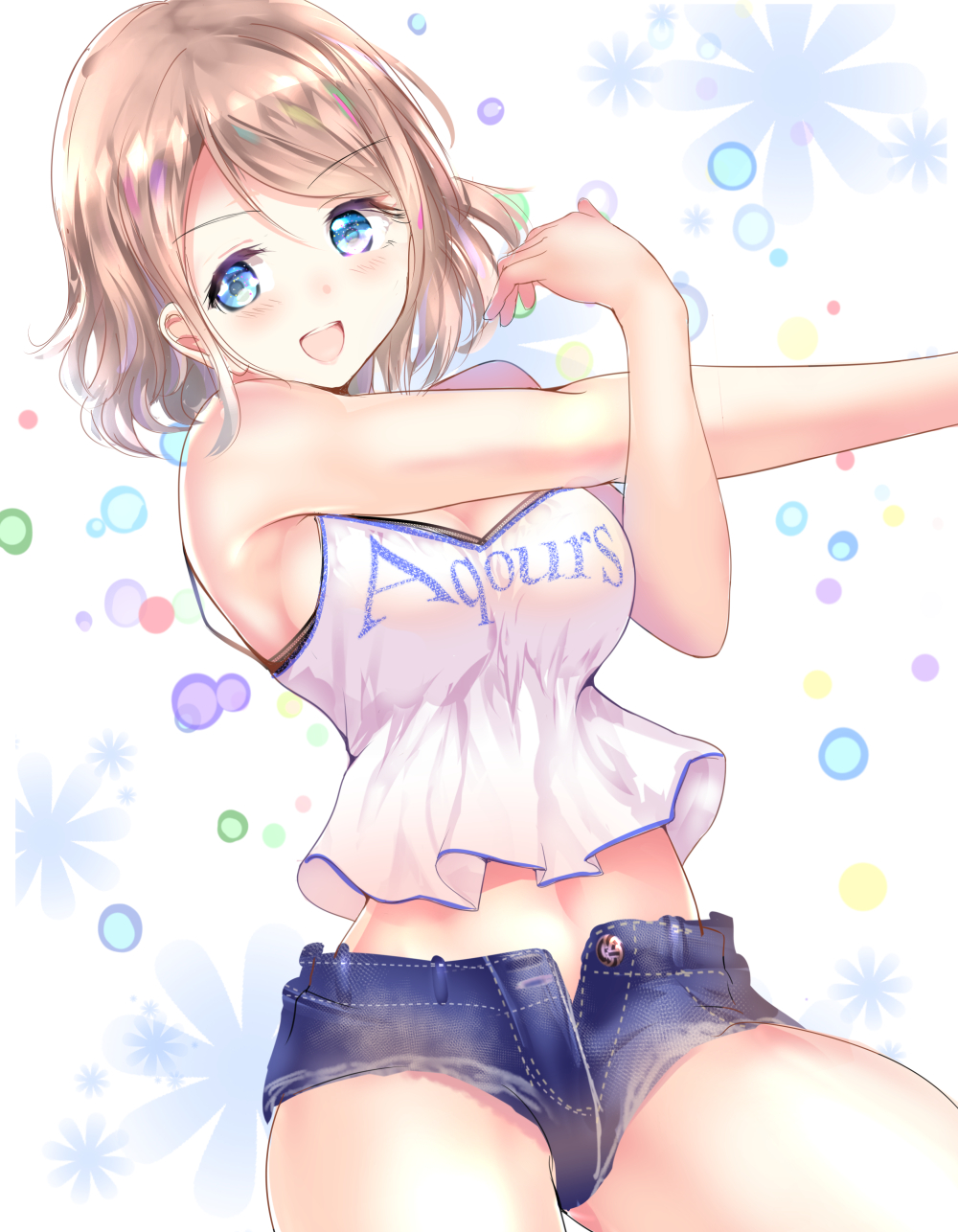1girl blue_eyes blush breasts brown_hair cleavage eyebrows_visible_through_hair gorua_(youce01) highres looking_at_viewer love_live! love_live!_sunshine!! medium_breasts open_mouth outstretched_arm revision short_hair short_shorts shorts smile solo stretch watanabe_you